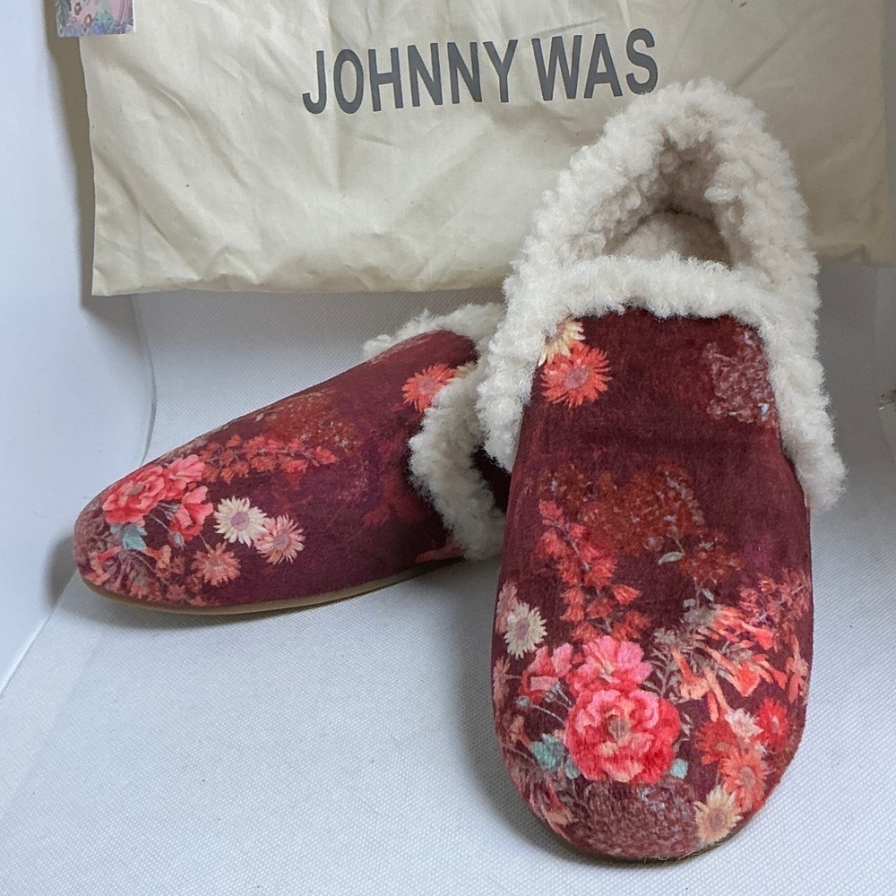 Johnny Was Sweet Bouquet Floral Cozy Shearling Loafer Slippers Burgundy Size 7